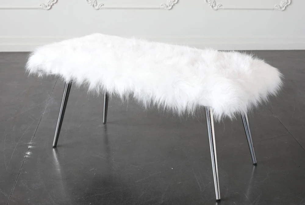 White Faux Fur Bench With Shiny Silver Legs