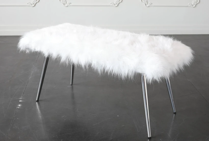 White Faux Fur Bench With Shiny Silver Legs - 360