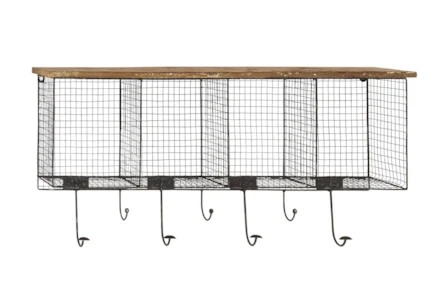 Wood And Metal Wire Cubby Wall Shelf With Hooks - Main