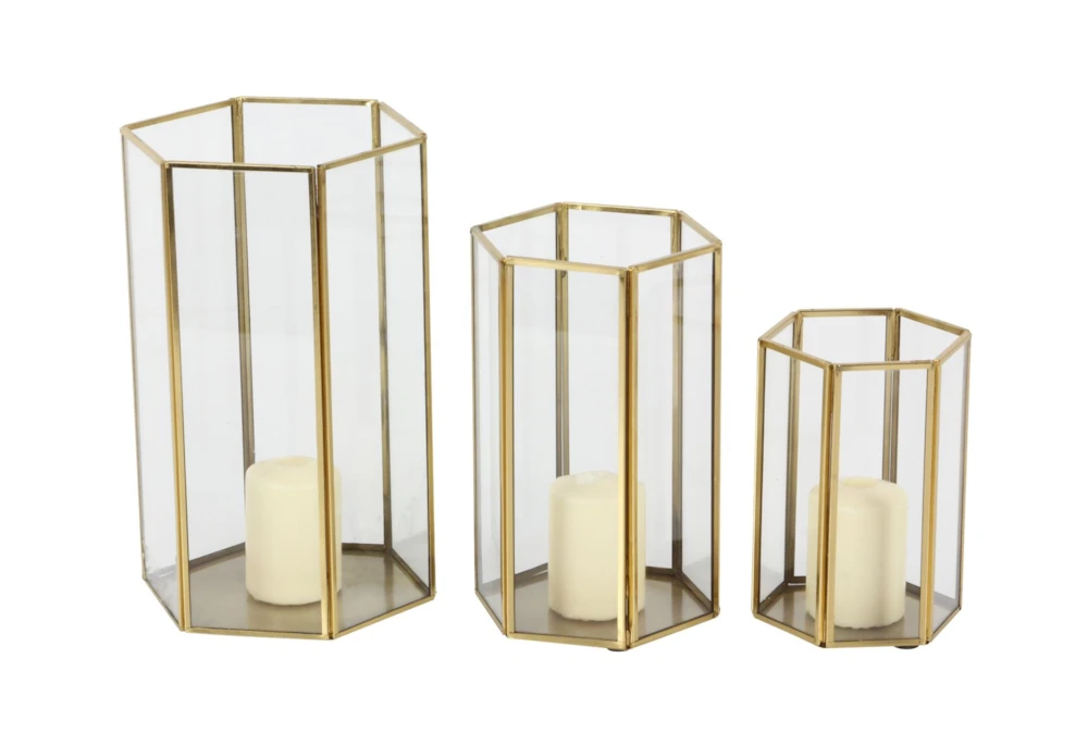 Gold Metal And Glass Hexagon Lanterns-Set Of 3