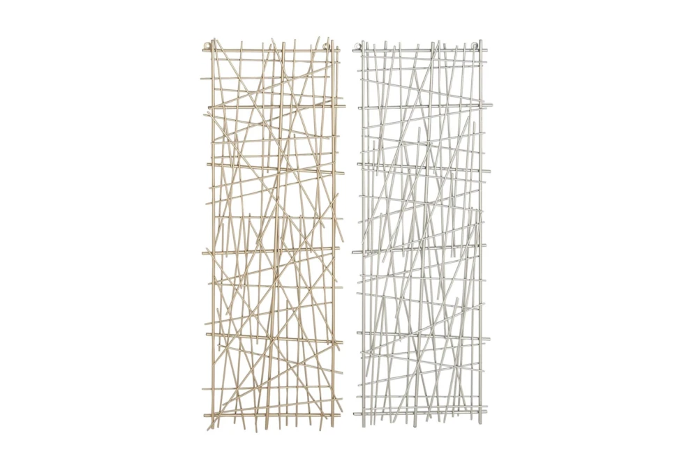 Gold And Silver Crosshatched Abstract Metal Wall Panel-Set Of 2