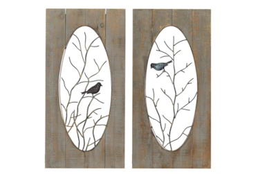 Brown Wood And Metal Branch With Bird Wall Panel-Set Of 2