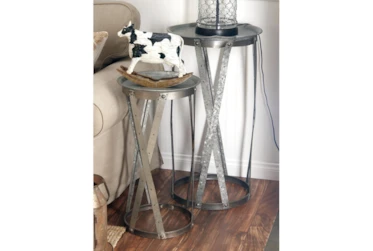 Galvanized Metal Pedestal Accent Table-Set Of 2