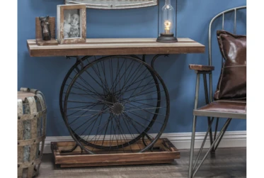 Industrial Wood And Black Metal Wheels Console Table