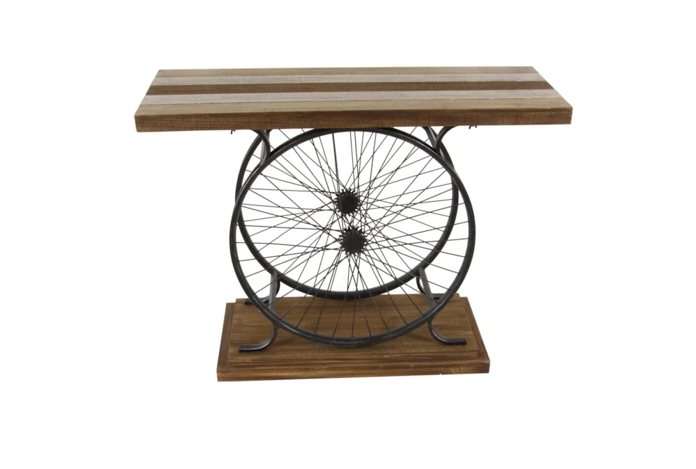 39" Industrial Wood And Black Metal Wheels Console Table