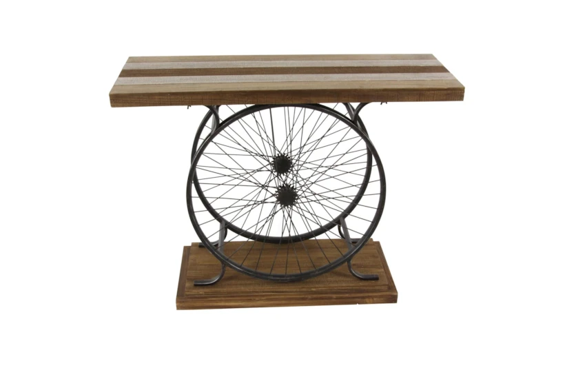 39" Industrial Wood And Black Metal Wheels Console Table - 360