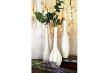 White Textured Ceramic Tall Bud Vase-Set Of 3