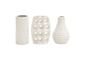 Alabaster White Textured Ceramic Vase-Set Of 3