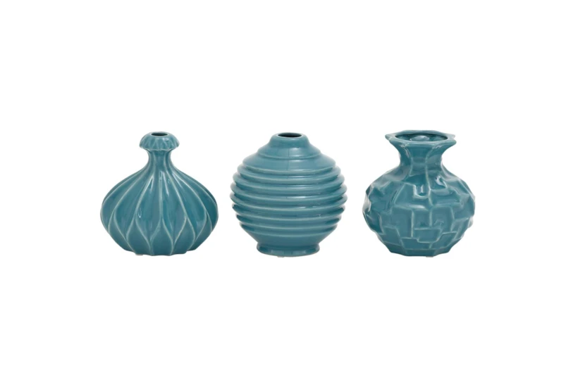 Blue Textured Ceramic Vase-Set Of 3 - 360