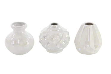 Cream Opalescent Textured Ceramic Vase-Set Of 3