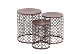 Small Copper Brown Hammered Metal Round End Tables, Set Of 3