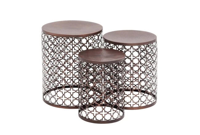 Small Copper Brown Hammered Metal Round End Tables, Set Of 3 - 360