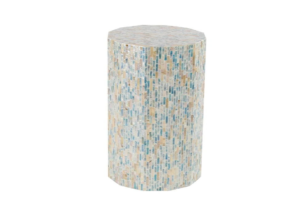 13" Natural Wood And Shell Round Faceted Multi-Color Accent Table