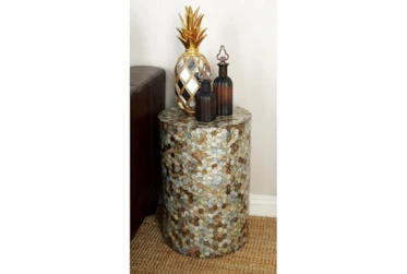 14 Inch Round End Table With Freshwater Pearl Shell Honeycomb Inlay