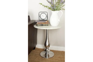 20 Inch Round Silver And Marble Pedestal Accent Table