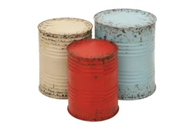 Red, White, & Blue Small Metal Drum Round End Tables-Set Of 3
