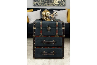 Traditional Style Navy Blue Storage Trunk End Table With 2 Drawers And Leather Trim