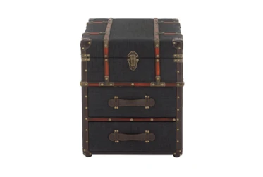Traditional Style Navy Blue Storage Trunk End Table With 2 Drawers And Leather Trim