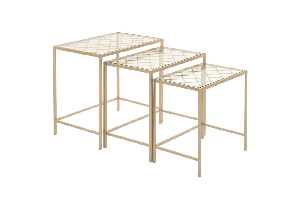 24" Metallic Gold Metal & Glass Nesting Accent Tables W/Quatrefoil Grid Pattern-Set Of 3