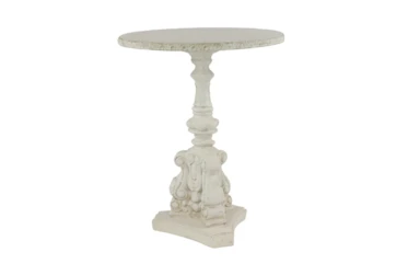 French Country Round White Wooden End Table With Ornate Scrollwork