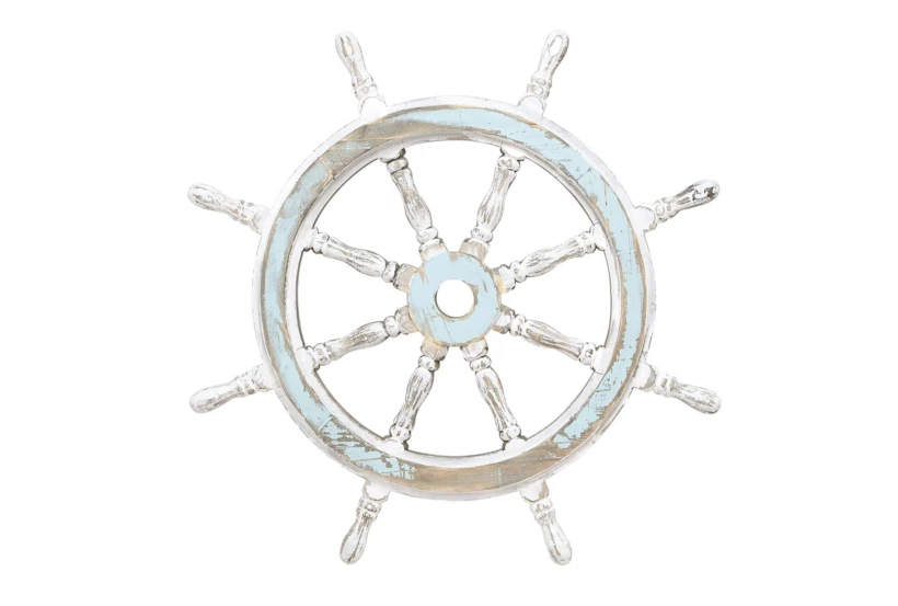 White And Aqua Wood Ship Wheel Wall Decor - 360