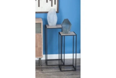 Modern Square Iron And Pine Wood Pedestals-Set Of 2
