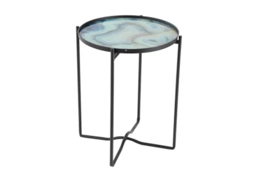 16 Inch Light Blue Glass And Iron Accent Table