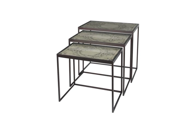 Small Black Metal & Carved Vintage Grey Wood Nesting Accent Tables-Set Of 3 - 360