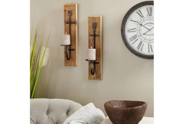 Wood And Iron Candle Wall Sconces-Set Of 2