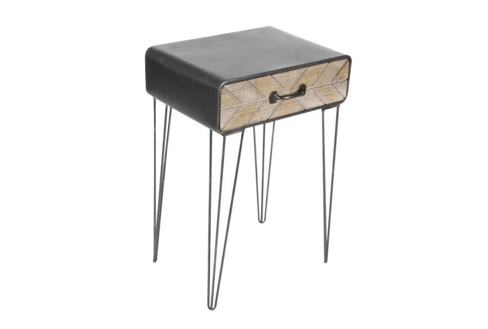 26" Modern Iron And Wood Accent Table With Chevron Patterned 1-Drawer