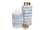 9.5 Inch Blue Striped Ceramic Jar With Gold Lid - Detail