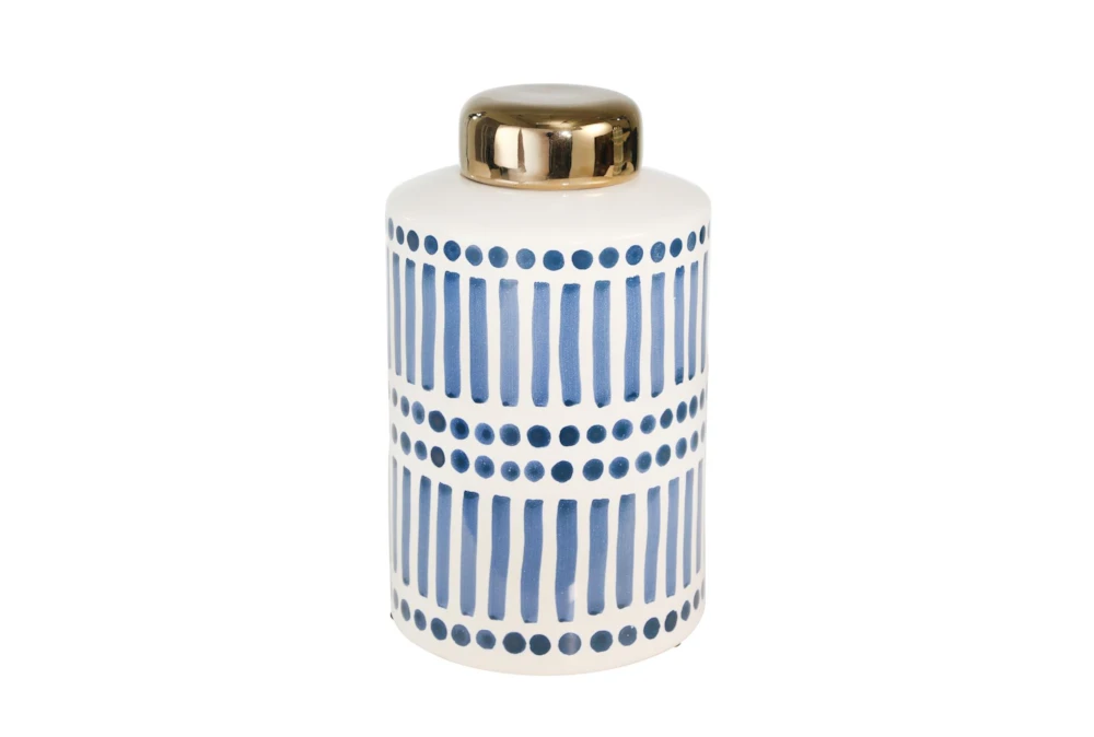 9.5 Inch Blue Striped Ceramic Jar With Gold Lid