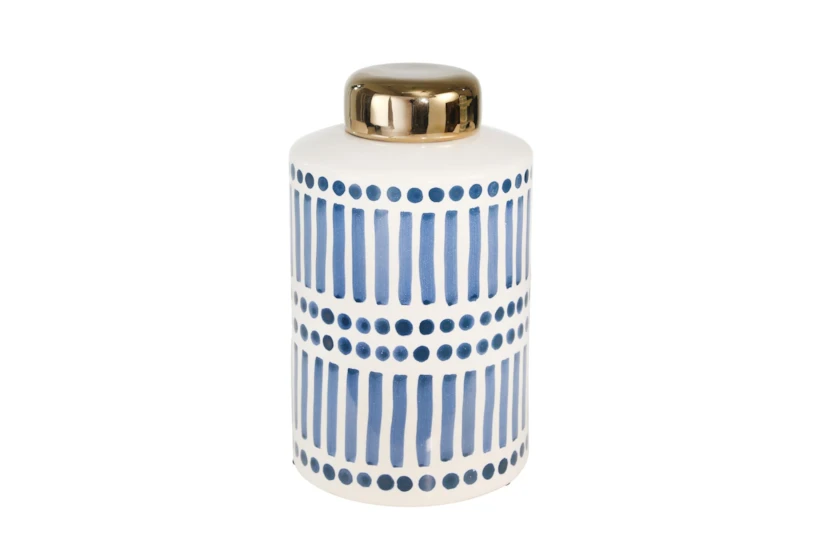 9.5 Inch Blue Striped Ceramic Jar With Gold Lid - 360