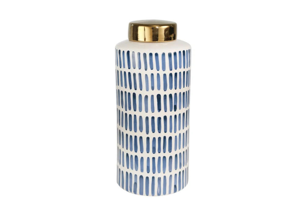 13 Inch Blue Lines Ceramic Jar With Gold Lid