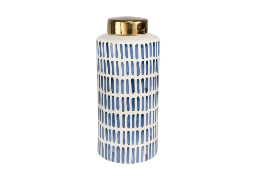 13 Inch Blue Lines Ceramic Jar With Gold Lid - 360