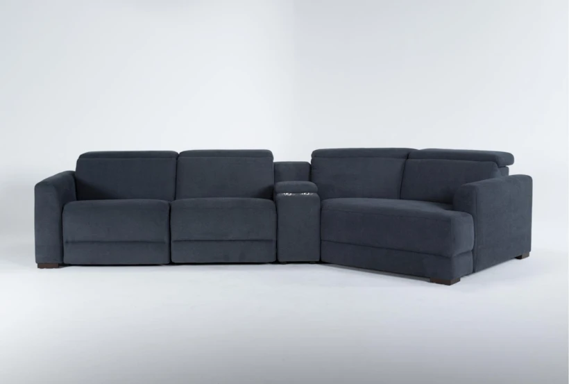Chanel Denim 151" 4 Piece Modular Sectional with Right Arm Facing Cuddler chaise, Console, Power Headrest & USB - 360
