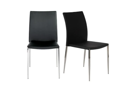 Black Faux Leather And Stainless Steel Stacking Side Chair-Set Of 2