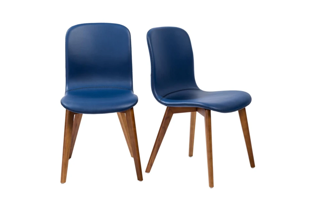 Blue Faux Leather And Walnut Side Chair With Contrast Stitching Set Of 2