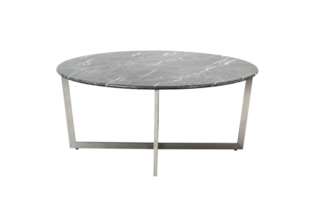 Liv Black Faux Marble 36 Inch Round Coffee Table With Brushed Stainless Steel Base