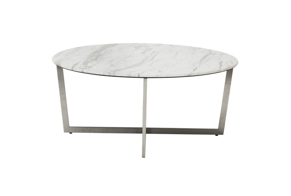 Liv White Faux Marble 36 Inch Round Coffee Table With Brushed Stainless Steel Base