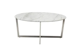 Liv White Faux Marble 36 Inch Round Coffee Table With Brushed Stainless Steel Base
