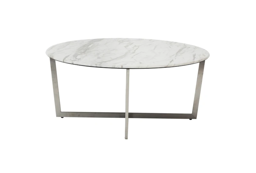 Liv White Faux Marble 36 Inch Round Coffee Table With Brushed Stainless Steel Base - 360