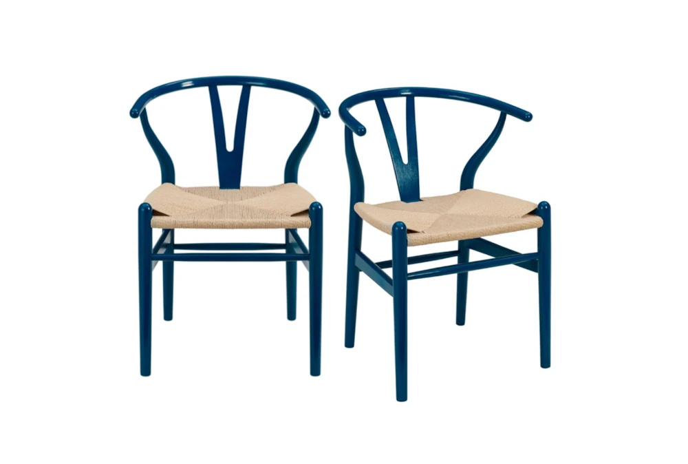 Blue Wishbone Side Chair With Natural Seat-Set Of 2