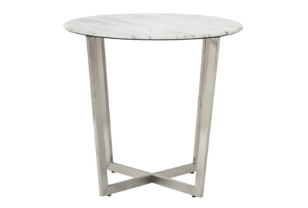 Liv White Faux Marble 24 Inch Round End Table With Stainless Steel Base