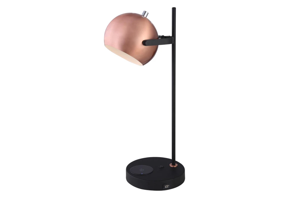 Table Lamp - 20 Inch Black + Copper Desk Lamp With Usb + Phone Charger