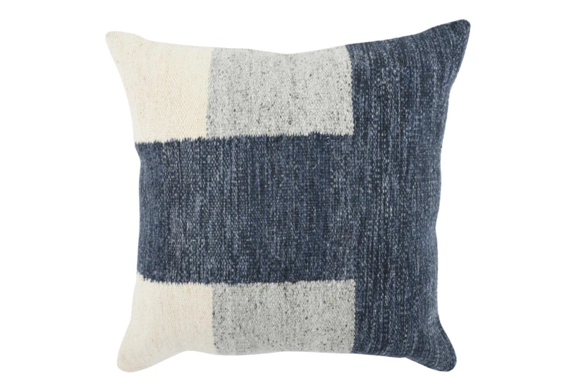 22X22 Blue Grey + White Woven Color Block Throw Pillow - 360