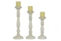 Set Of 3 Antique White Turned Candlesticks - Front