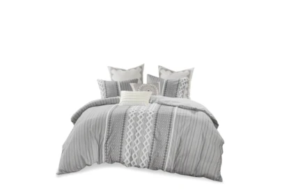 5pc Full/queen Clipped Stripe Poms Comforter Bedding Set Gray