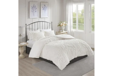 Full/Queen Comforter-3 Piece Set Chenille Damask Print White
