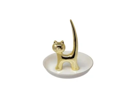 6 Inch White + Gold Kitty Trinket Dish And Ringholder